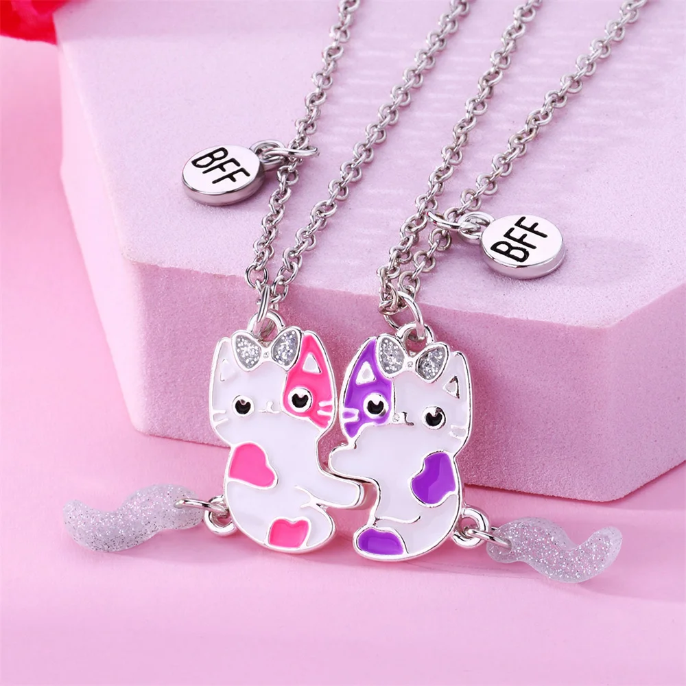 2 Pcs/set Cartoon Colorful Cat Pendant Necklace Creative BFF Clavicle Chain Gift For Best Friend Girls