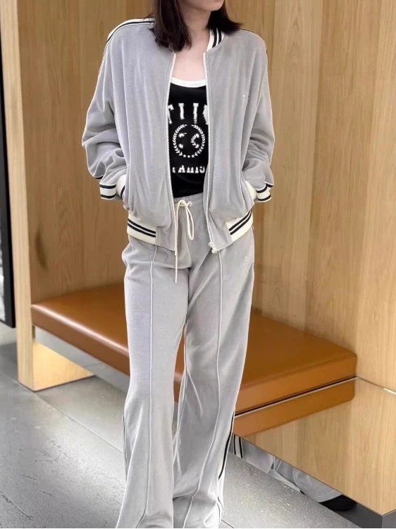 Koreański Zestaw Damski z Aksamitu w Stylu Casual, Modny, Odmładzający, Kurtka Baseballowa, Spodnie z Szerokimi Nogawkami, Dwuczęściowy Garnitur, Nowość na Jesień