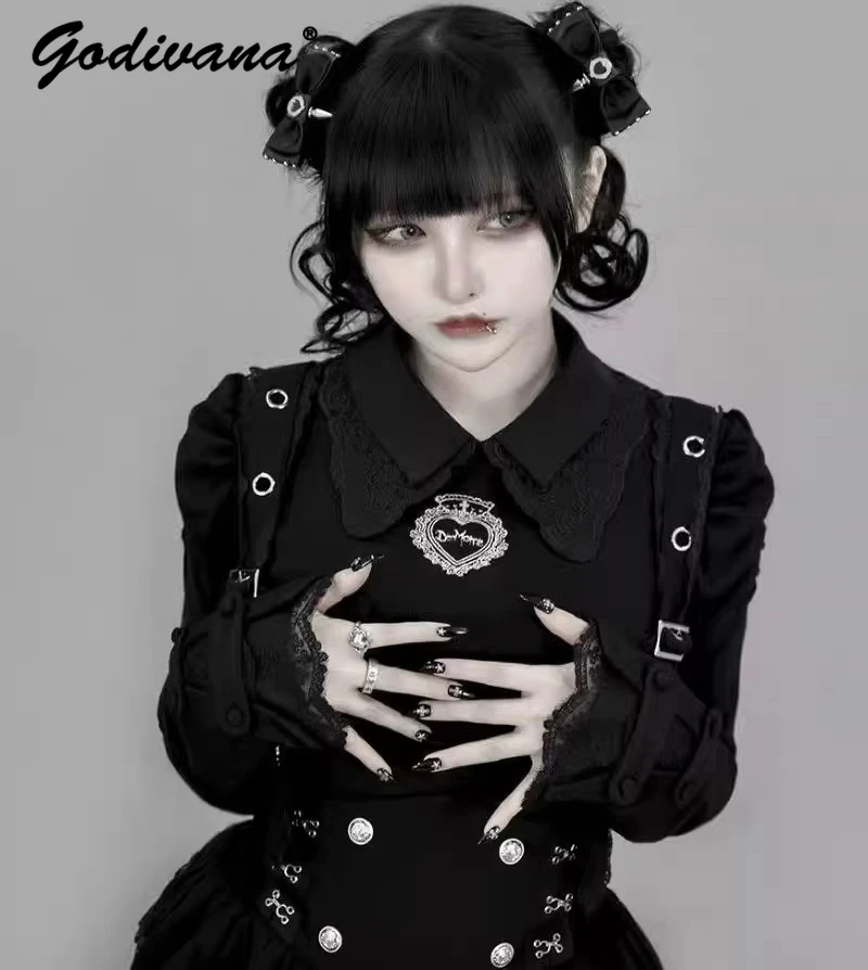 

Japanese Harajuku Punk Small Lapel Long Sleeve Shirt Tops New Spring Lolita Mass-Produced Embroidered Mesh Patchwork Base Shirt