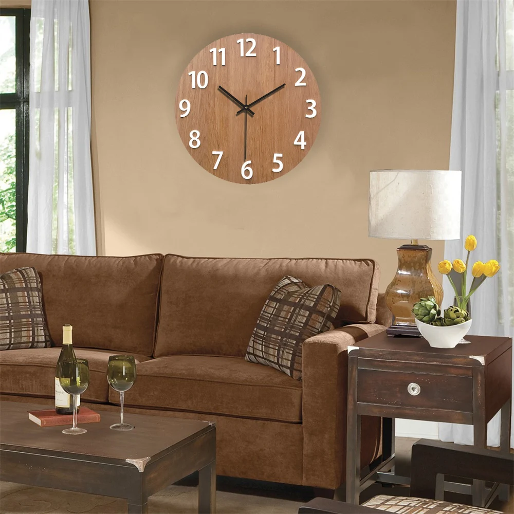 Vintage Dial Wood Grain Living Room Clock Simple Silent Decoration Wall Clock Non Ticking Clocks For Indoor/Outdoor Living Room