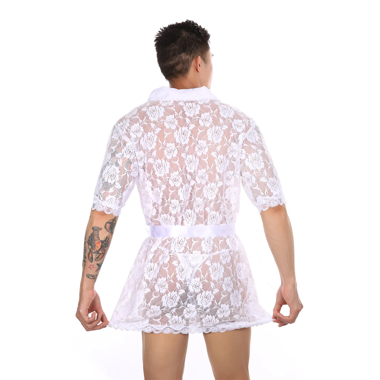 2pcs Men Robe Lace Bathrobe Nightwear See Through Underwear Pajamas Lingerie Short Sleeve Sexy Bathrobes With Belt Gay Sleepwear