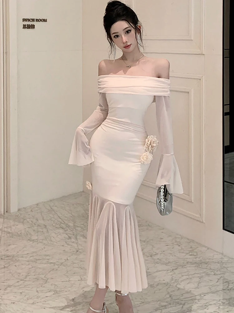 Robe longue à volants en maille Patchwork pour femmes, couleur unie, élégante, manches évasées, col Slash, automne hiver, robe de bal moulante coréenne, 2025