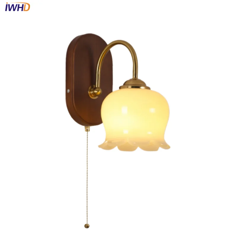 

IWHD Walnut Wood LED Wall Light Fixture Restaurant Foyer Study Pull Chain Switch Resin Modern Simple Bedside Lamp Sconce Lampara