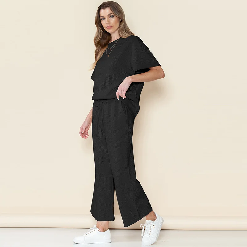 2024 Summer New Leisure Suit Solid Color Texture Leisure Suit Female Thin Loose Meat Drawing Rope Sportswear Kobiece zestawy spodni