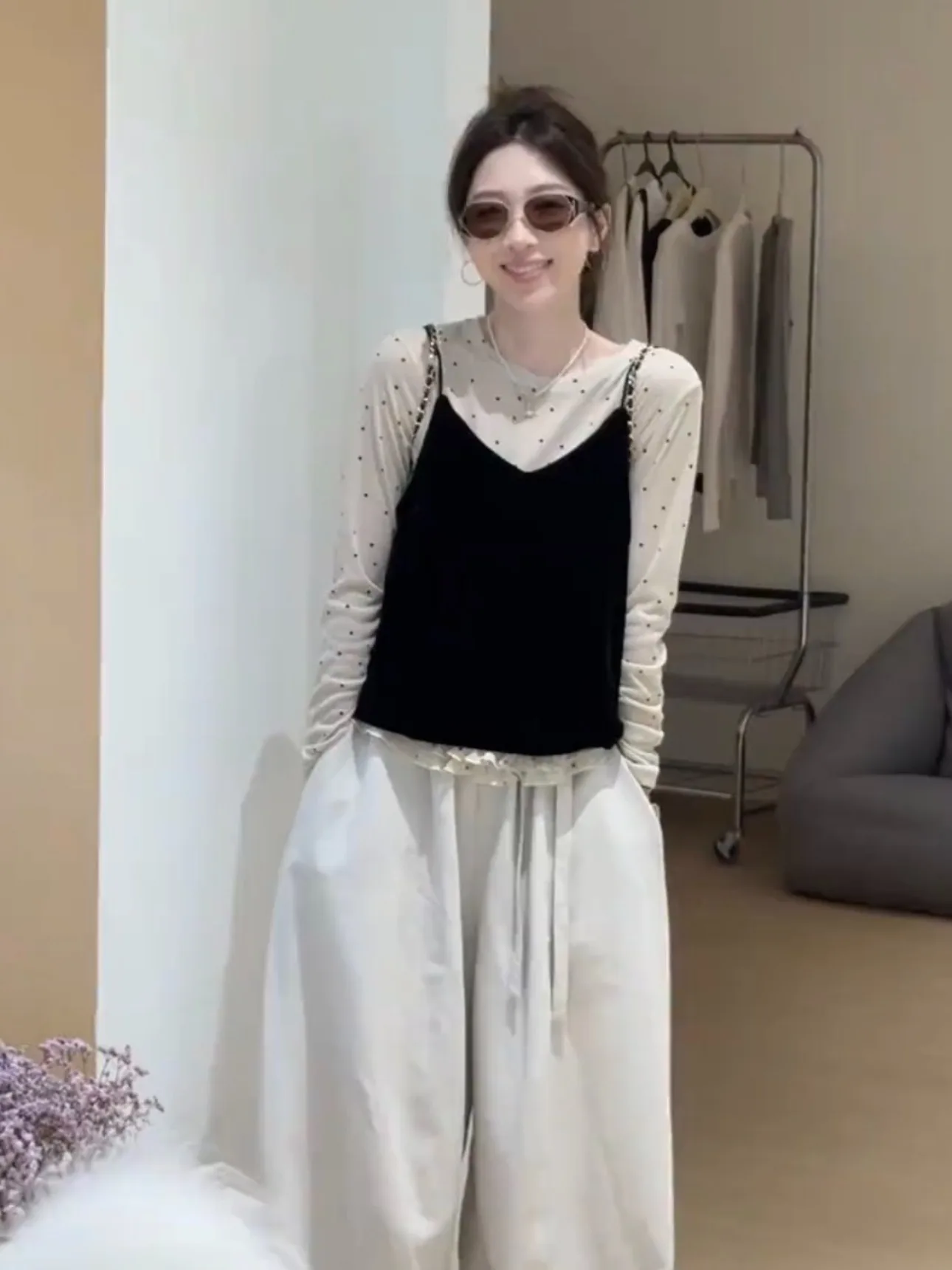 

Spring New Sle Women's Long Sve T-irt Velvet Loose Slimming Top with Polka Dot Print Casual Faion Set Two Pieces