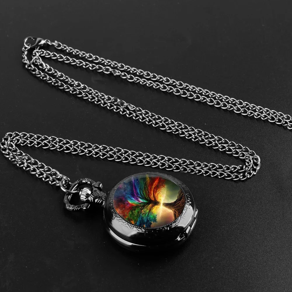

Colorful Tree Design Glass Dome Quartz Pocket Watch With Durable Chain Arabic Numeral Dial For Men And Women Creative Gifts