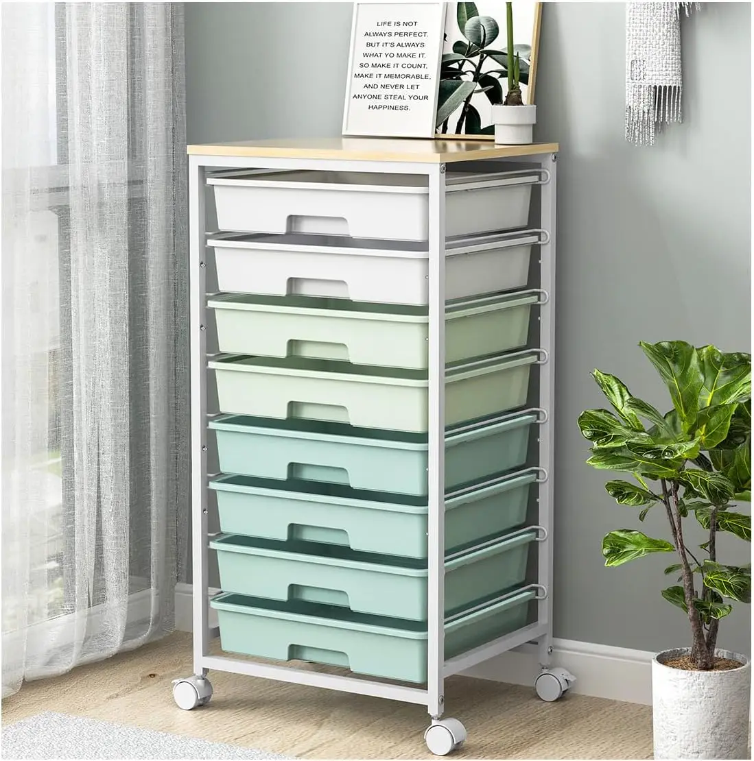 

Utility Cart Organizers With 8 Drawers And Wooden Tabletop For Living Room,Office,Classroom,Craft Room,Bedroom,D