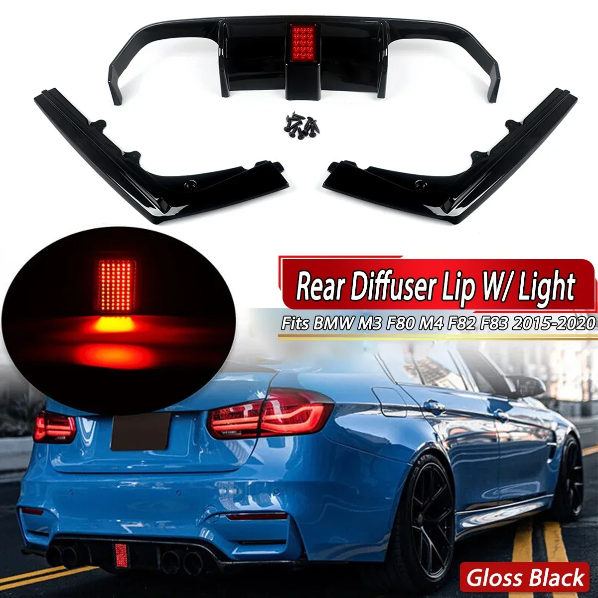 F80 F82  V Style Rear Bumper Diffuser with Led Light for BMW M3 F80 M4 F82 F83 2014-2020 Rear Side Splitters Spoiler Lip  Black