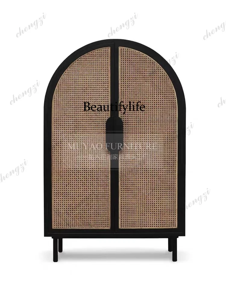 PP American retro rattan arched dining side cabinet wine cabinet living room entrance decorative cabinet arch can be customized