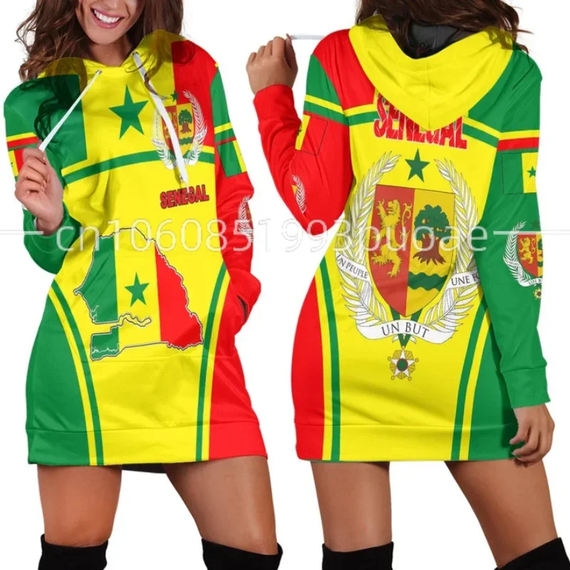 

Senegal Emblem Country Flag New Harajuku Novelty 3D Print Autumn Hoodie Dress Women Casual Wear Long Sleeve Hooded Dress