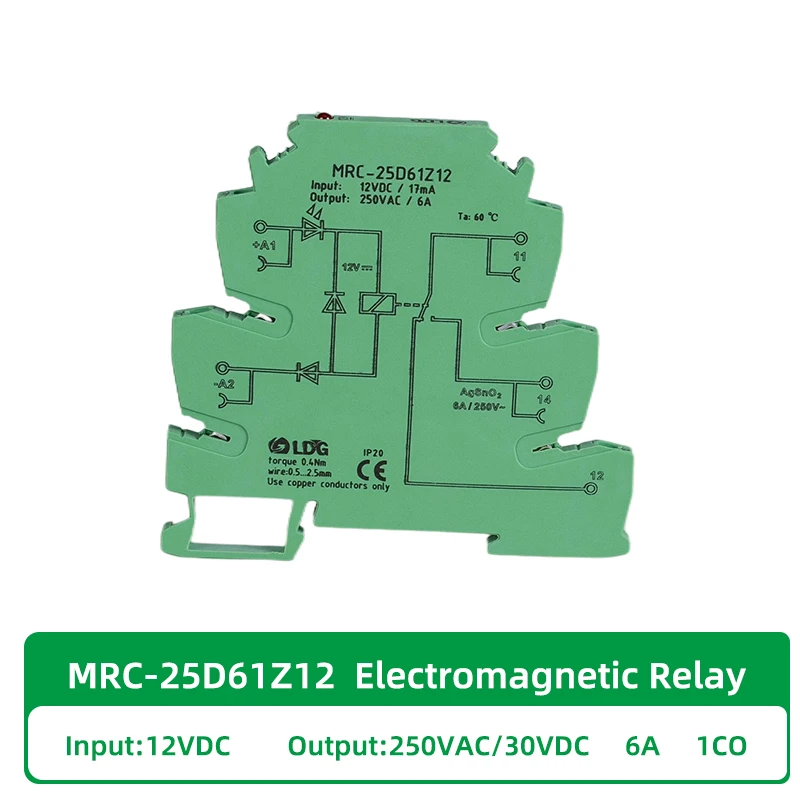 

MRC-25D61Z12 Electromagnetic Contact Relay Module 12VDC Coil 6A 250VAC/DC Out Electric Voltage Interface Relay Board Switch Din