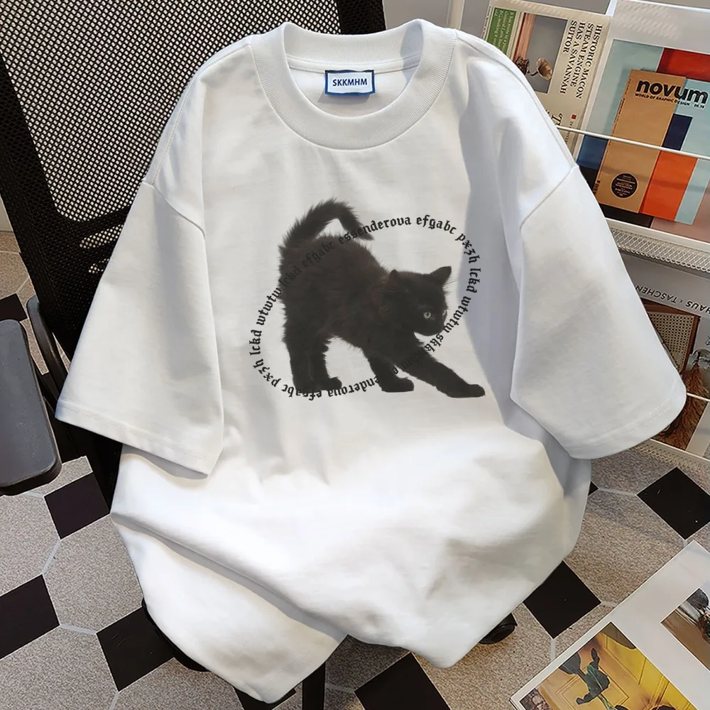 Pure Cotton Material Oversized Summer T-shirt Retro Letter Black Cat Print T Shirts Women Couples Streetwear Casual Short Sleeve
