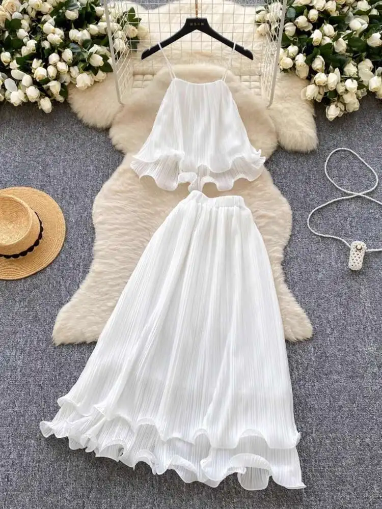 

Женский праздничный белый комплект из двух предметов, летний французский топ + плиссированная юбка с высокой талией и рюшами, элегантные костюмы, женские наряды в стиле бохо