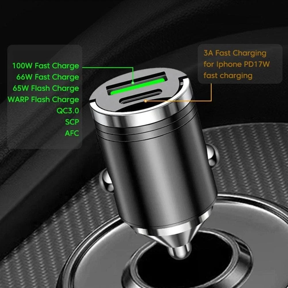 Ładowarka samochodowa 100W z 2 portami USB Super Fast, adapter USB typu C PD30W, mini ładowarka samochodowa szybkiego ładowania dla iPhone 17 16 Pro i Samsung