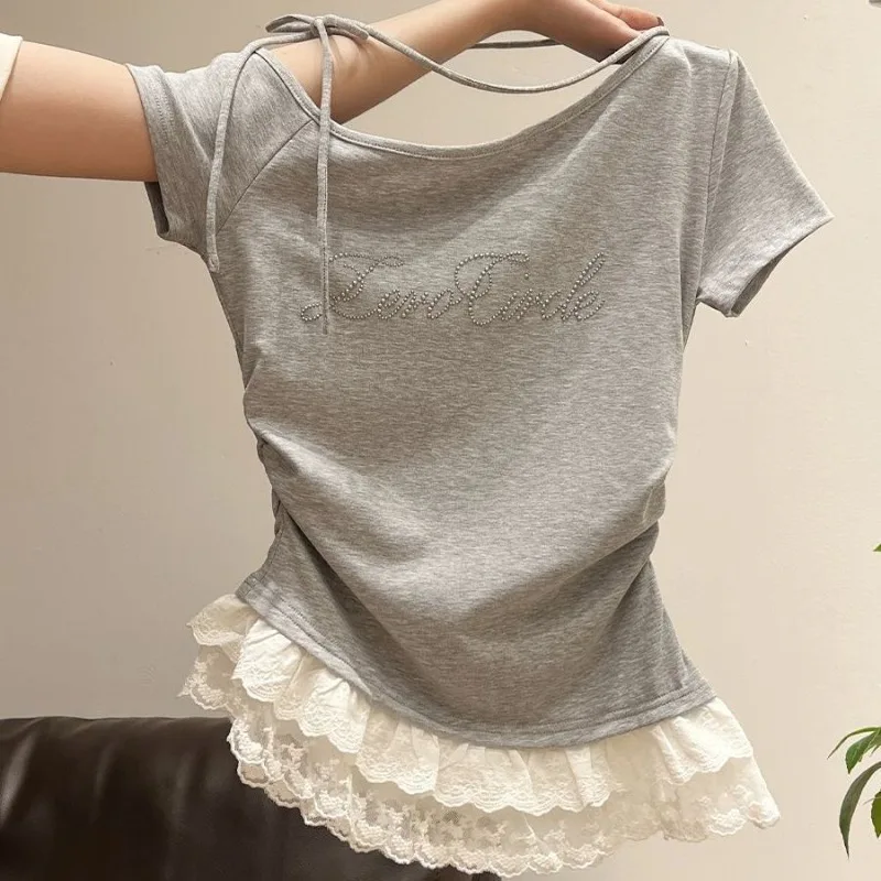 Summer New Pure Sweet and Spicy Short Lace Ruffled Letter Beaded Slanted Neck Halter Top for Short People slim cut short sleeve