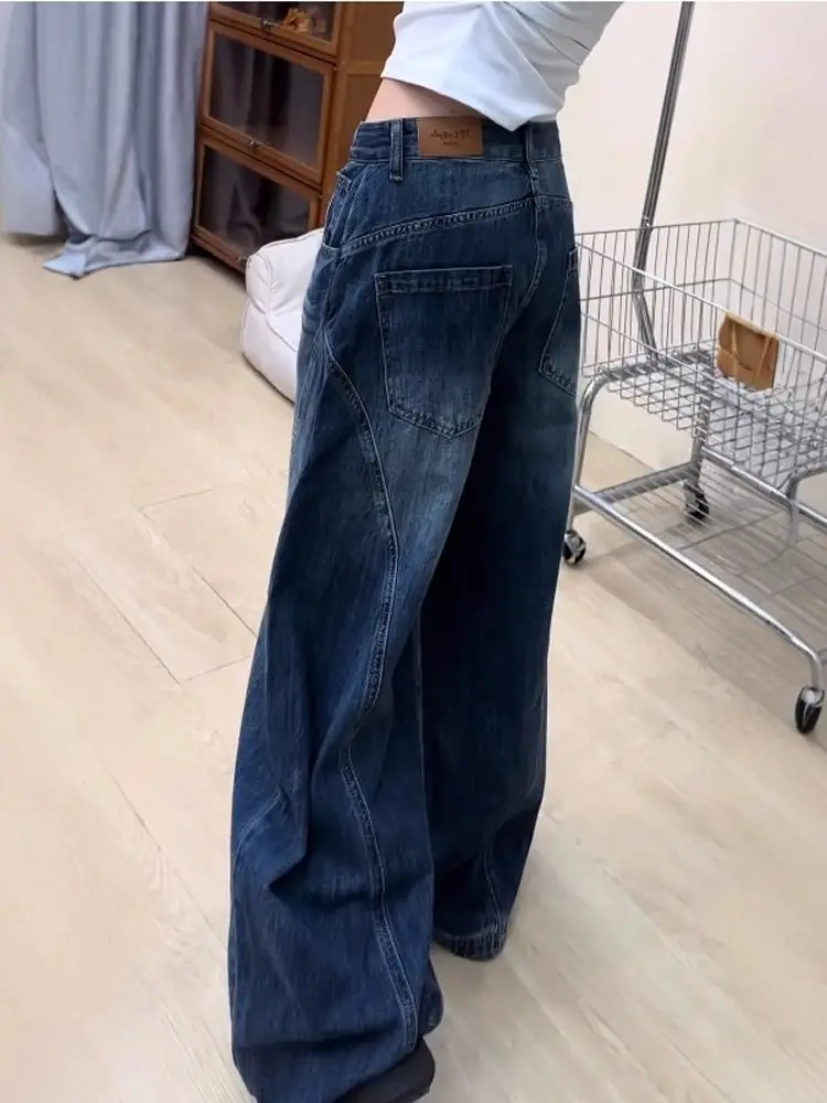 

Широкие джинсы в американском стиле ретро, женские свободные джинсы для похудения, драпировка длиной до пола, косые брюки, повседневные брюки с высокой талией на молнии...