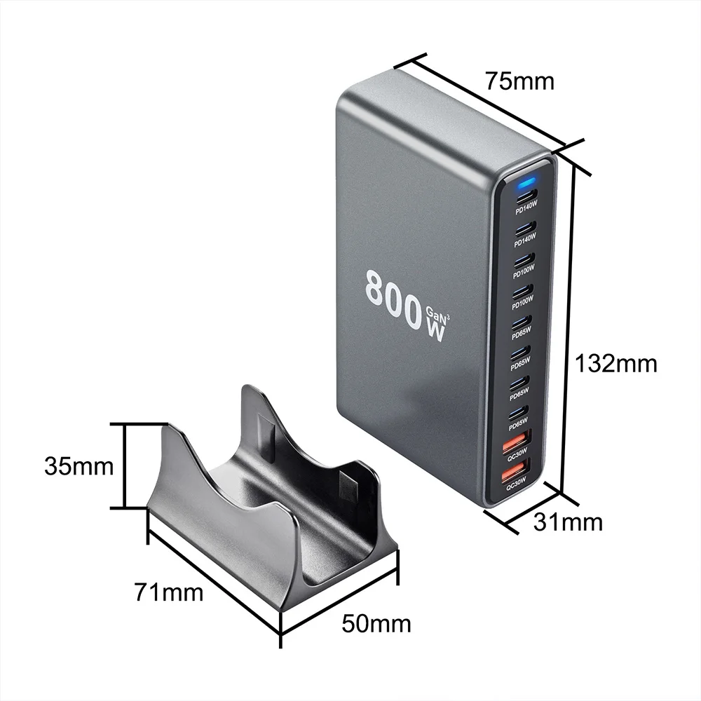 Caricatore da tavolo veloce GaN 10 porte da 800 W PD3.1 PPS USB C Tipo C Adattatori per stazione di ricarica rapida per iPhone Samsung Xiaomi Huawei