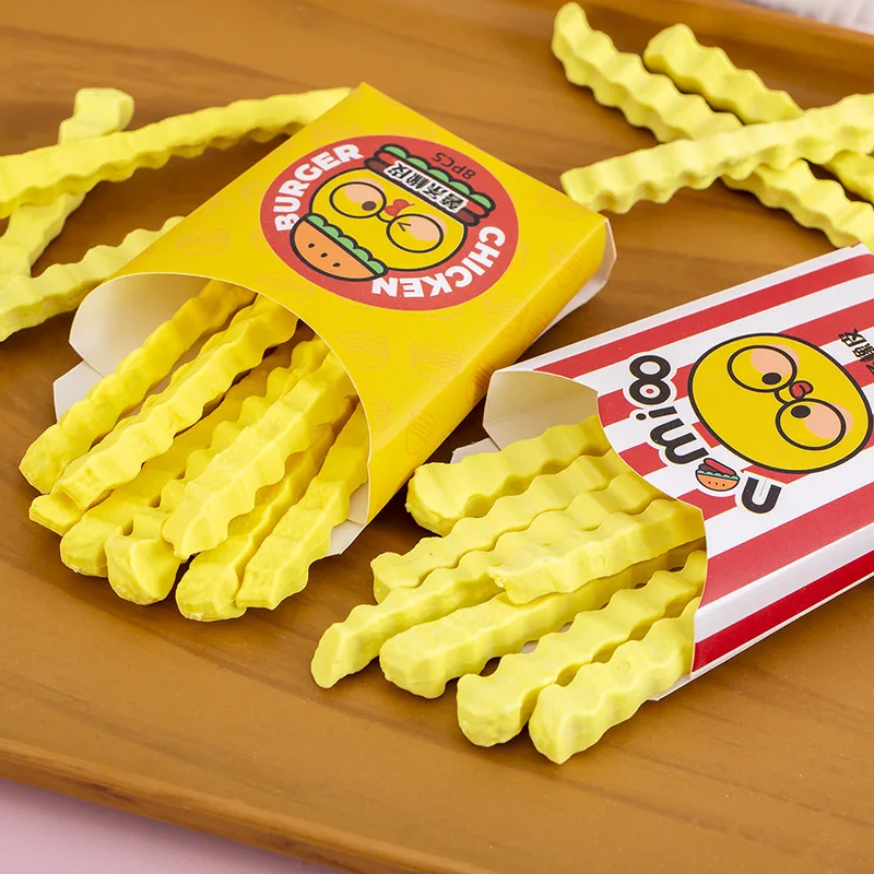 8pcs/Boxes Cute Creative French Fries Pencil Erasers Stationery Student School Office Supplies Wholesale