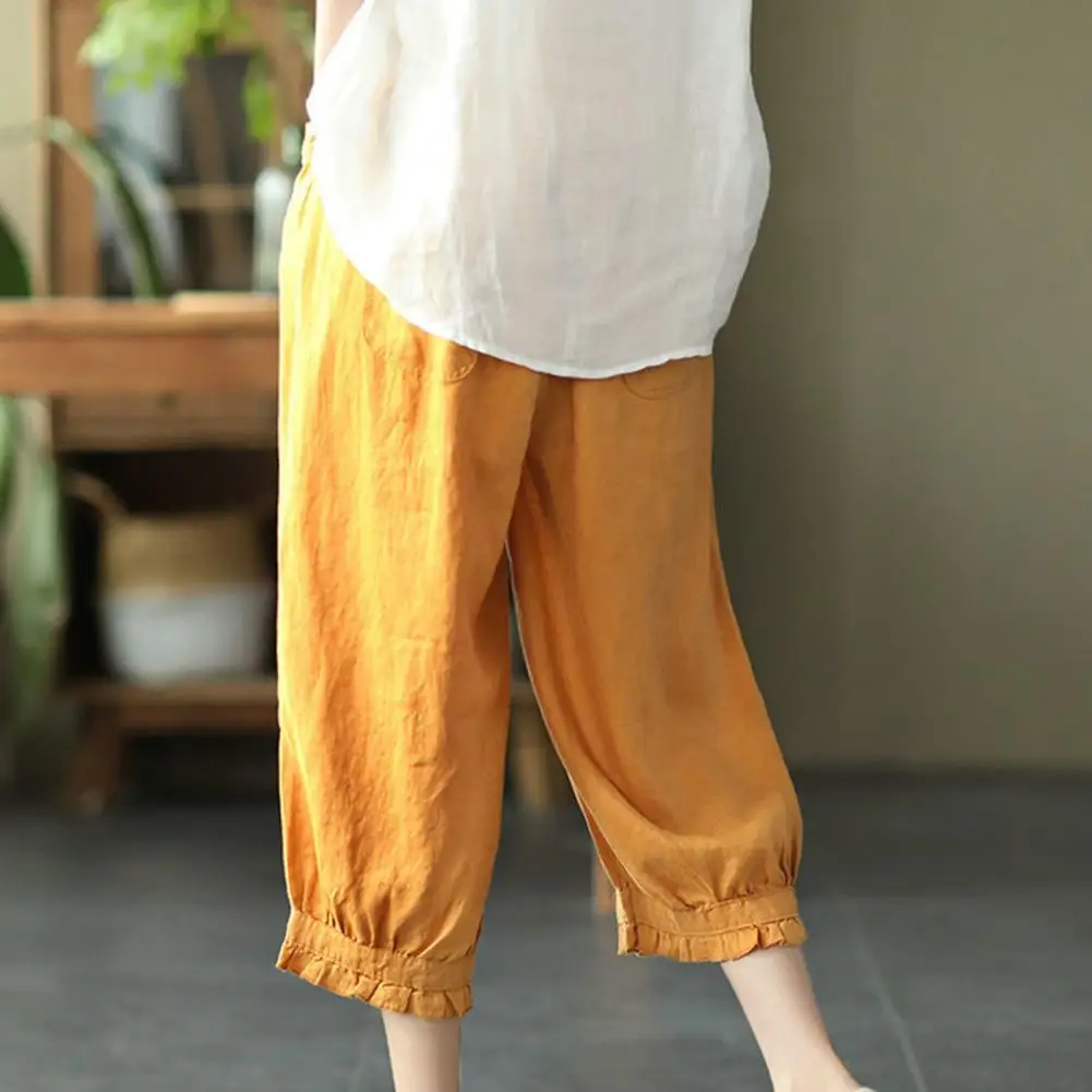 Elastic Waist Pants Retro Casual Women's Harem Pants with High Elastic Waist Soft Breathable Fabric Mid-calf Length for Summer