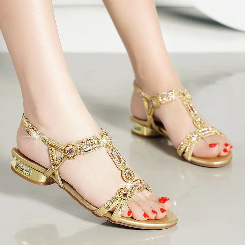 Women Comfortable Non-slip Flat Platform Shoes Rhinestone Sandals T-strap Square Low-heeled Leisure Sandals Party Shoes