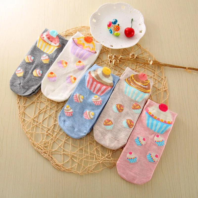 5 Pairs Women Cotton Sock Cupcake Comfortable Short Funny Socks Cute Kawaii Cream Fairy Patty Cake Sugar Milk Lovely Ankle Socks