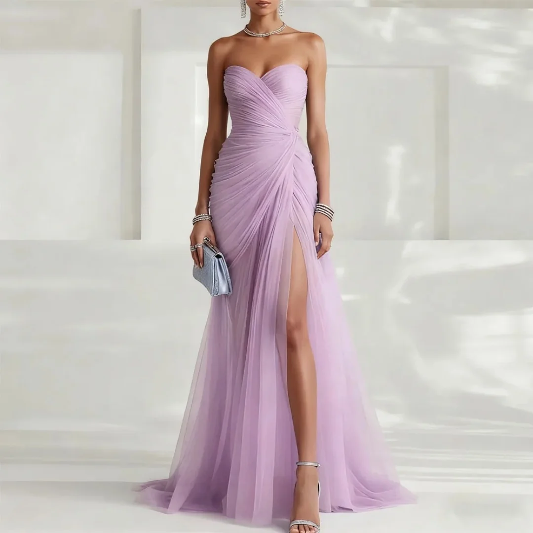 Bella Customized Sky Blue Sweetheart Neck Prom Dress Pleated Tulle High Slit robes de soirée Elegant Party Dresses For Women image 4