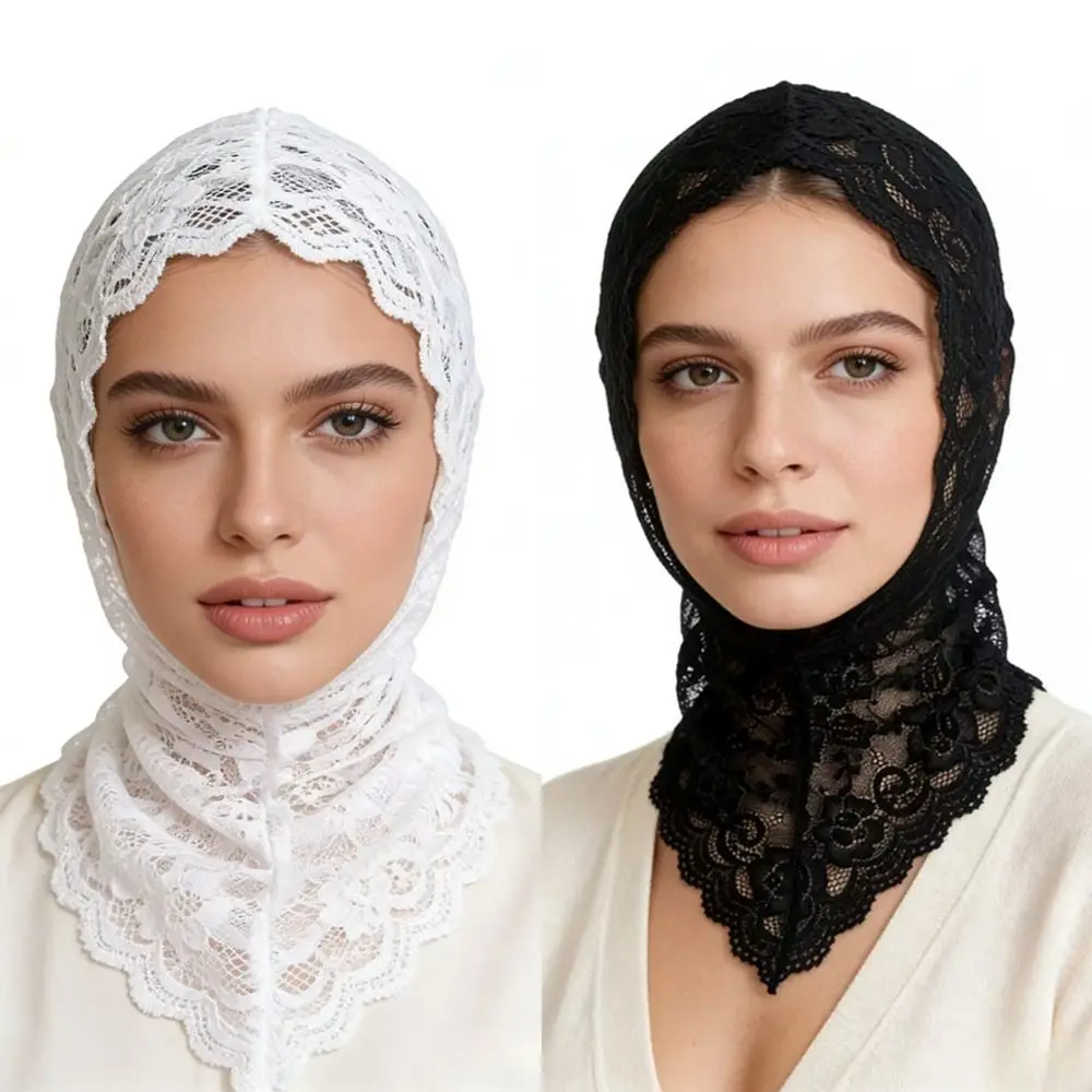 Lace Decorative Turban Caps Neck Warmer Headwear Black White Head Scarf Stretch Soft Floral Print Lace Headscarf Balaclava