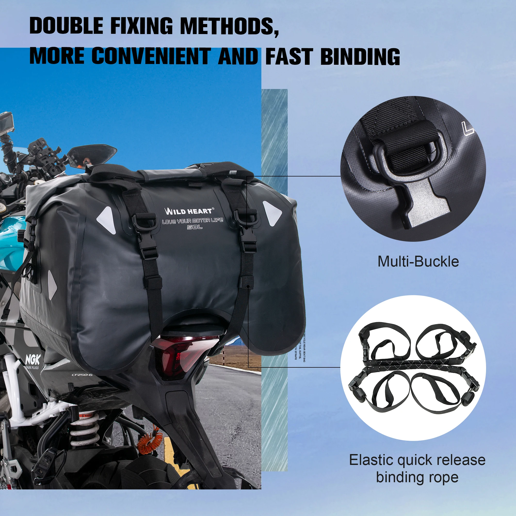 50L U-Shaped Waterproof Motorcycle Rear Seat Tail Bag Motorbike Touring Luggage Pack Moto Travel Riding Storage Gear