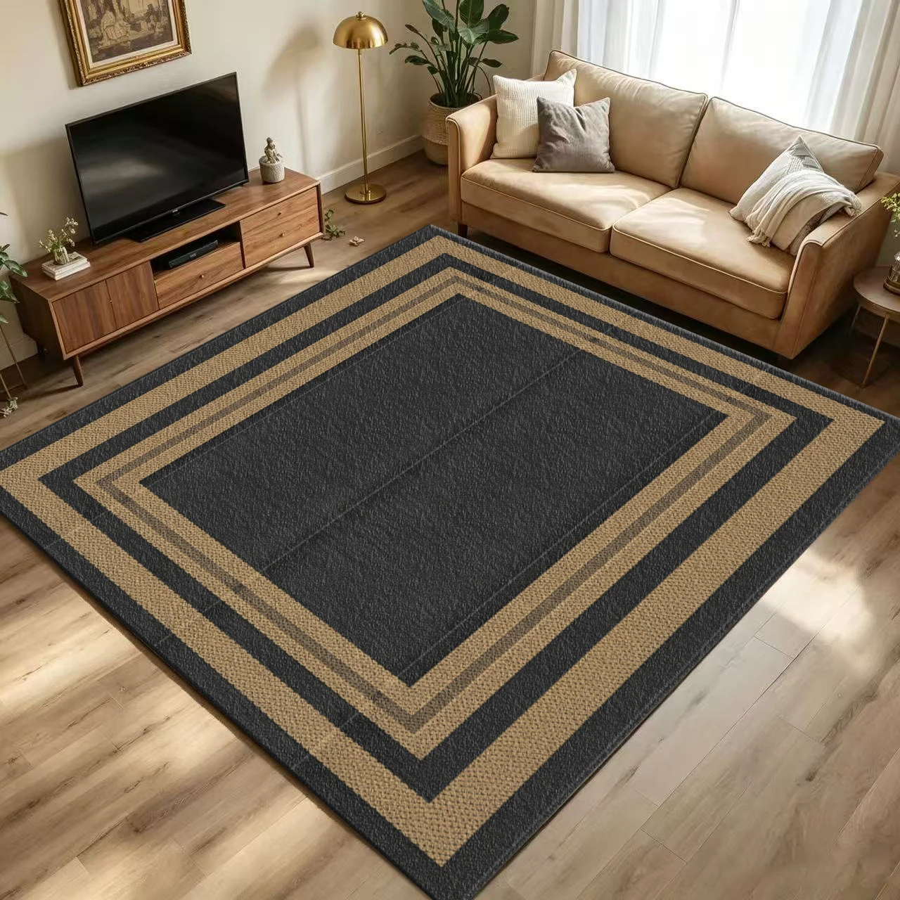 Black and Tan Border Outdoor Carpet, Non-Slip, Washable, Geometric Pattern Rug for Patio Entrance