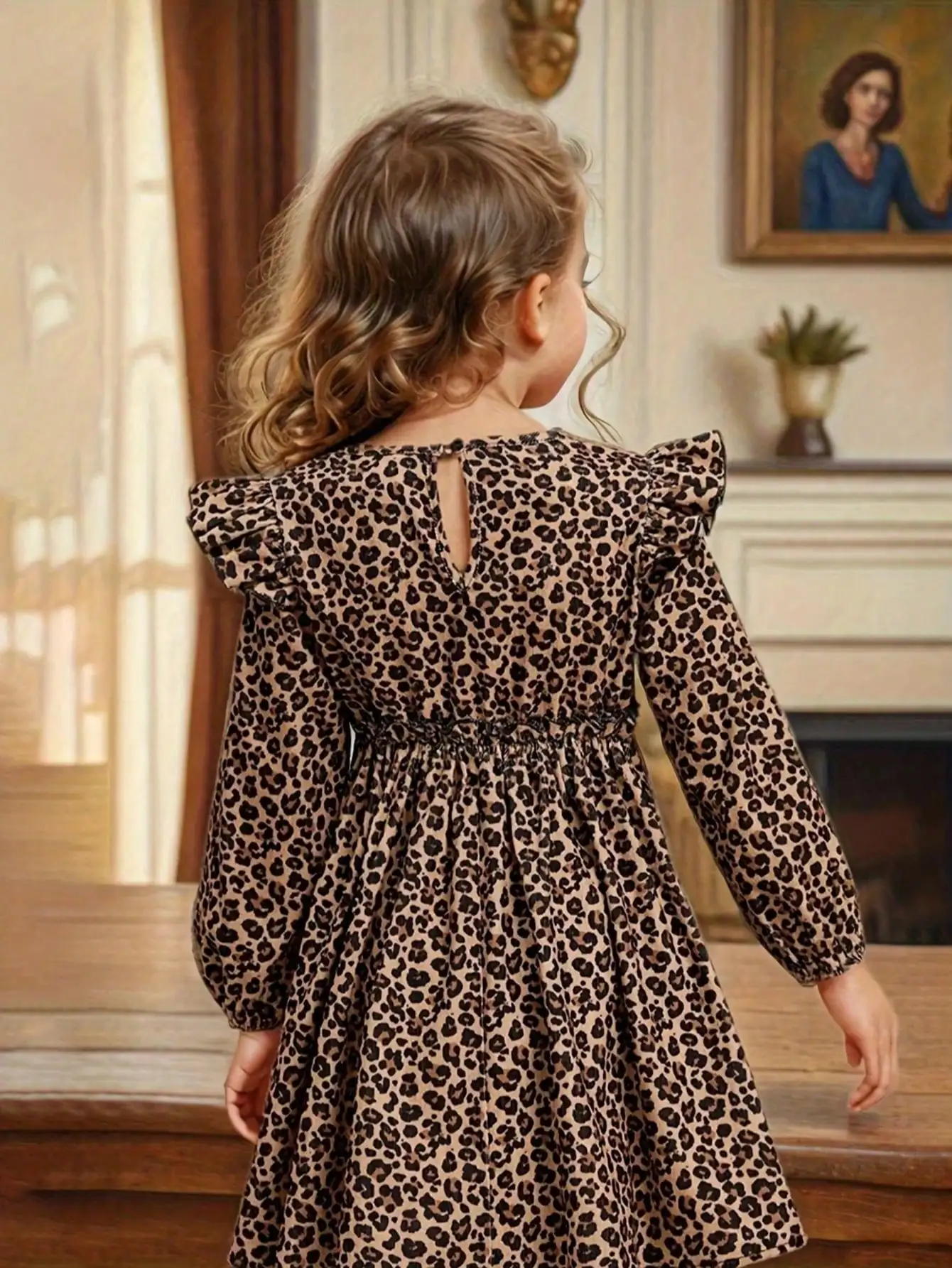 Elegantes, vielseitiges Kleid mit Leopardenmuster und langen Ärmeln für Mädchen, aus schmalem Strickstoff mit ausgestellten Rüschenkanten-Details. – Detail 4