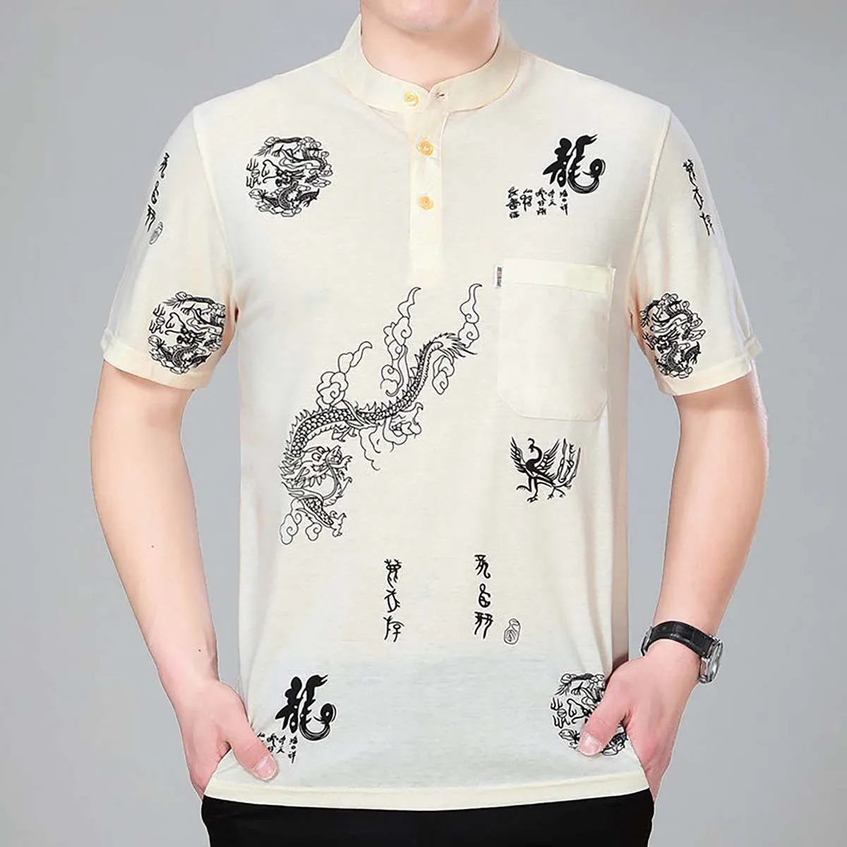 New Quality Soft Comfortable Loose Fit Chinese Culture Dragon Print Short Sleeve Polo Shirt for Men
