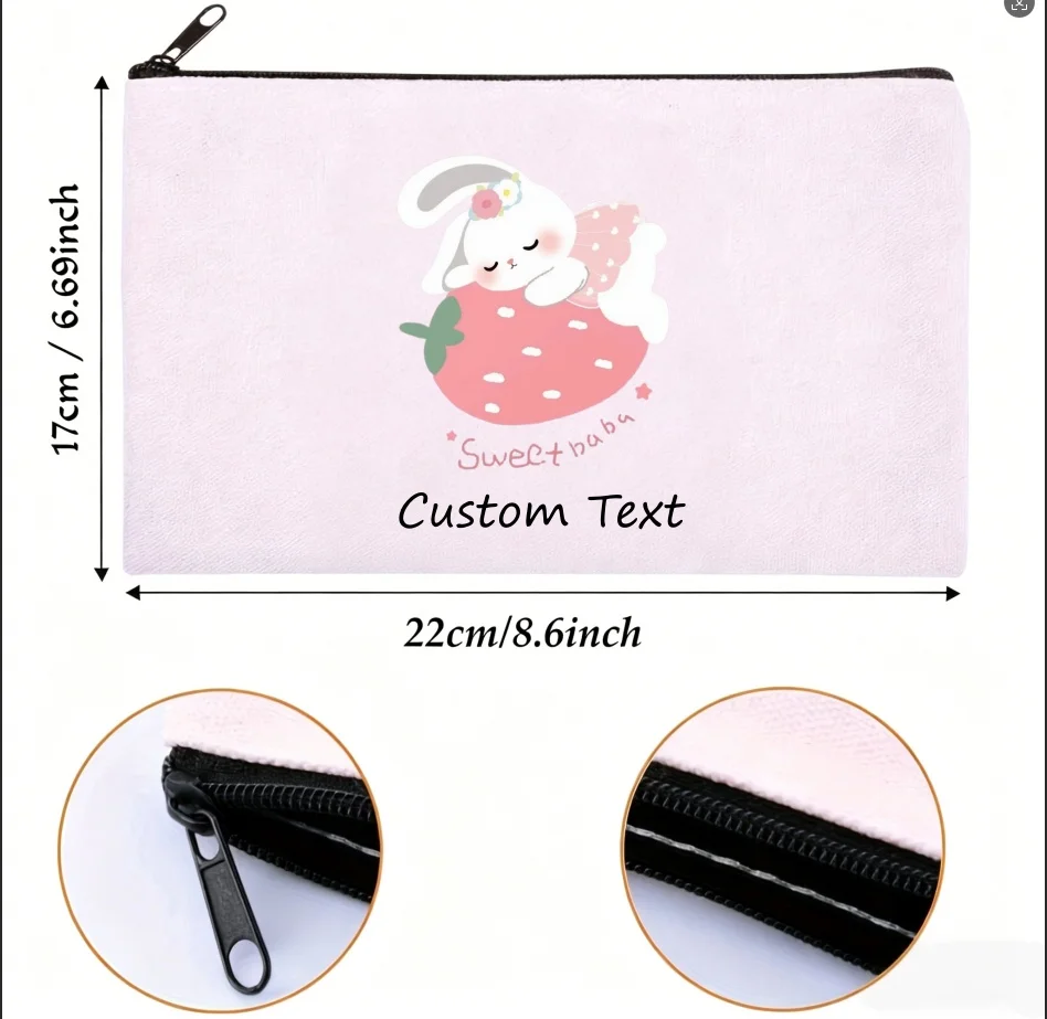1PC Custom Text Cute Strawberry Bunny Cosmetic Pouch Sweet Baby Rabbit Zipper Makeup Bag Personalized Canvas Storage Gift
