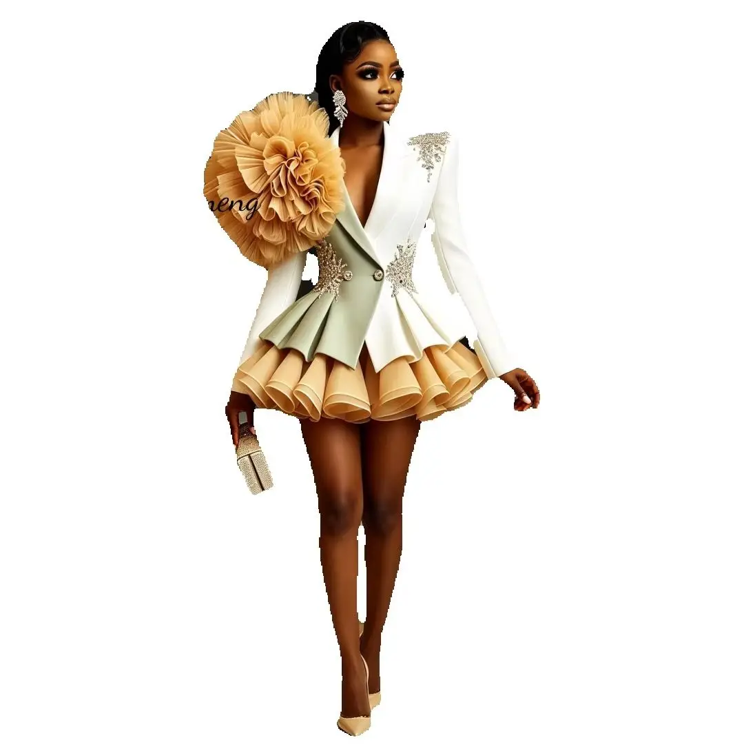 Oversized 3D Flower Prom Dress Two Tone White Sage Green Rhinestone Deep V Lapel Long Sleeve Tiered Mini Evening Gown Customized view 3