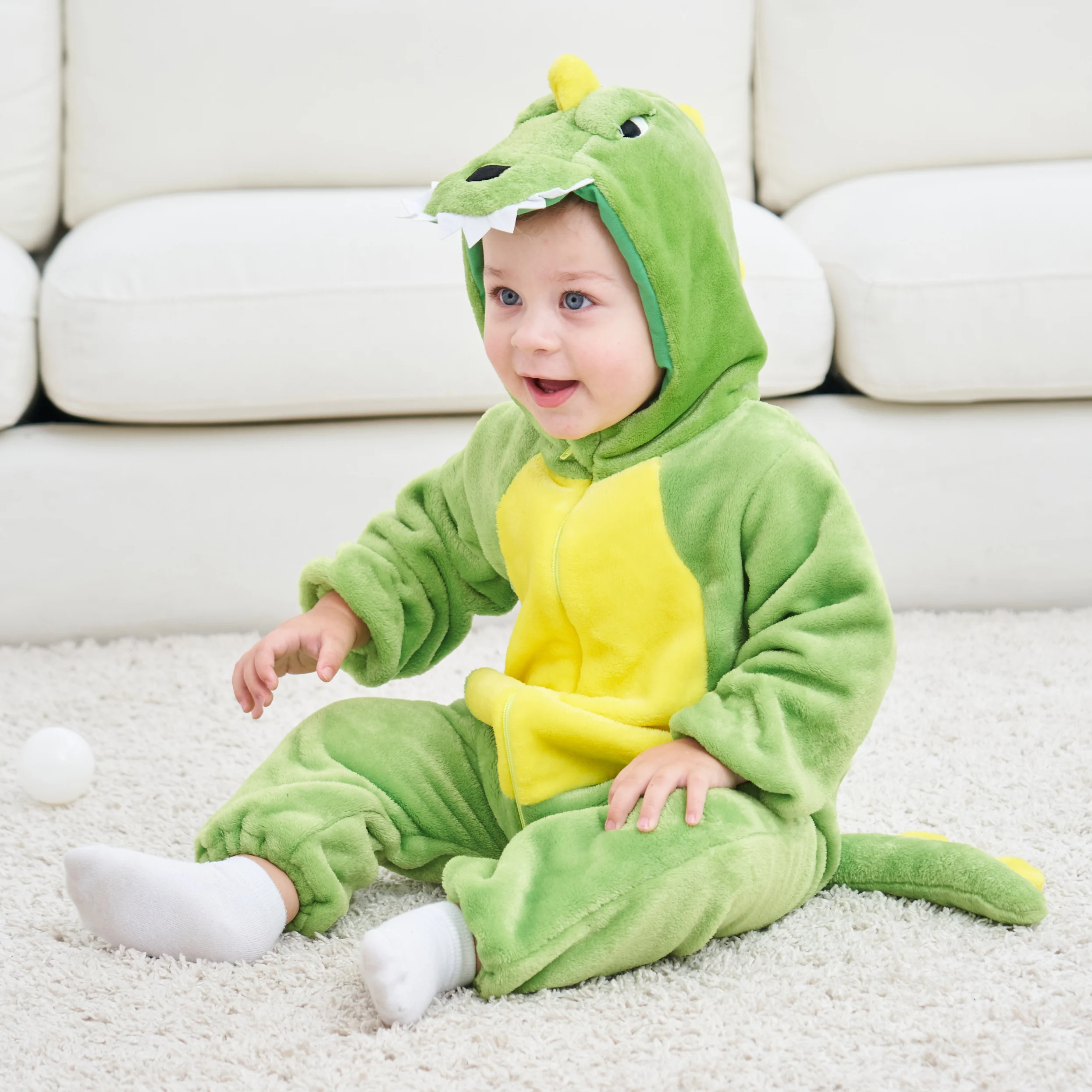 Baby Dinosaur Cartoon Rompers Winter Hooded Flannel Pajamas Toddler Infant Clothes Bodysuits Jumpsuit Cosplay Costumes For Kids