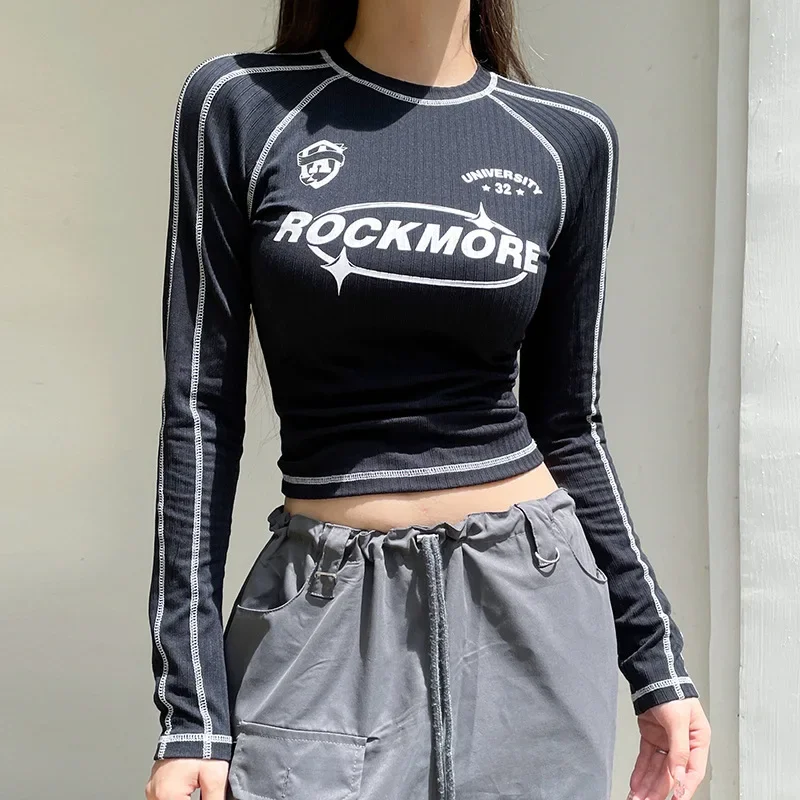 ALTGOTH Streetwear Black Slim Y2k Crop Top Women Aesthetic Letter Print Round Neck Long Sleeve T-Shirts Graphic Grunge Clothes