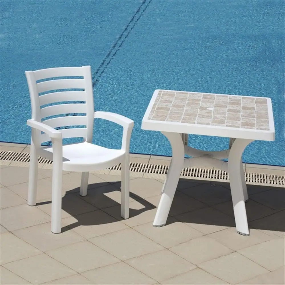 White Resin Patio Dining Arm Chair Outdoor Weatherproof Stackable Set of 2, Customized