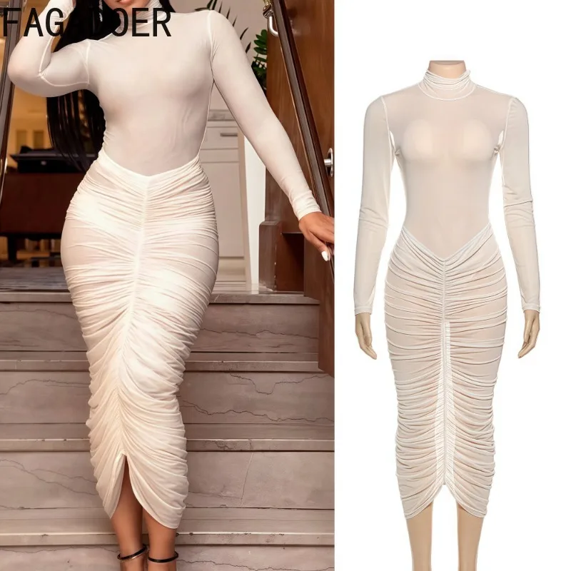 

FAGADOER Sexy Bodycon Long Dress Women Mesh See Through Ruched Patchwork Long Sleeves Dresses Female Streetwear Vestidos 2025
