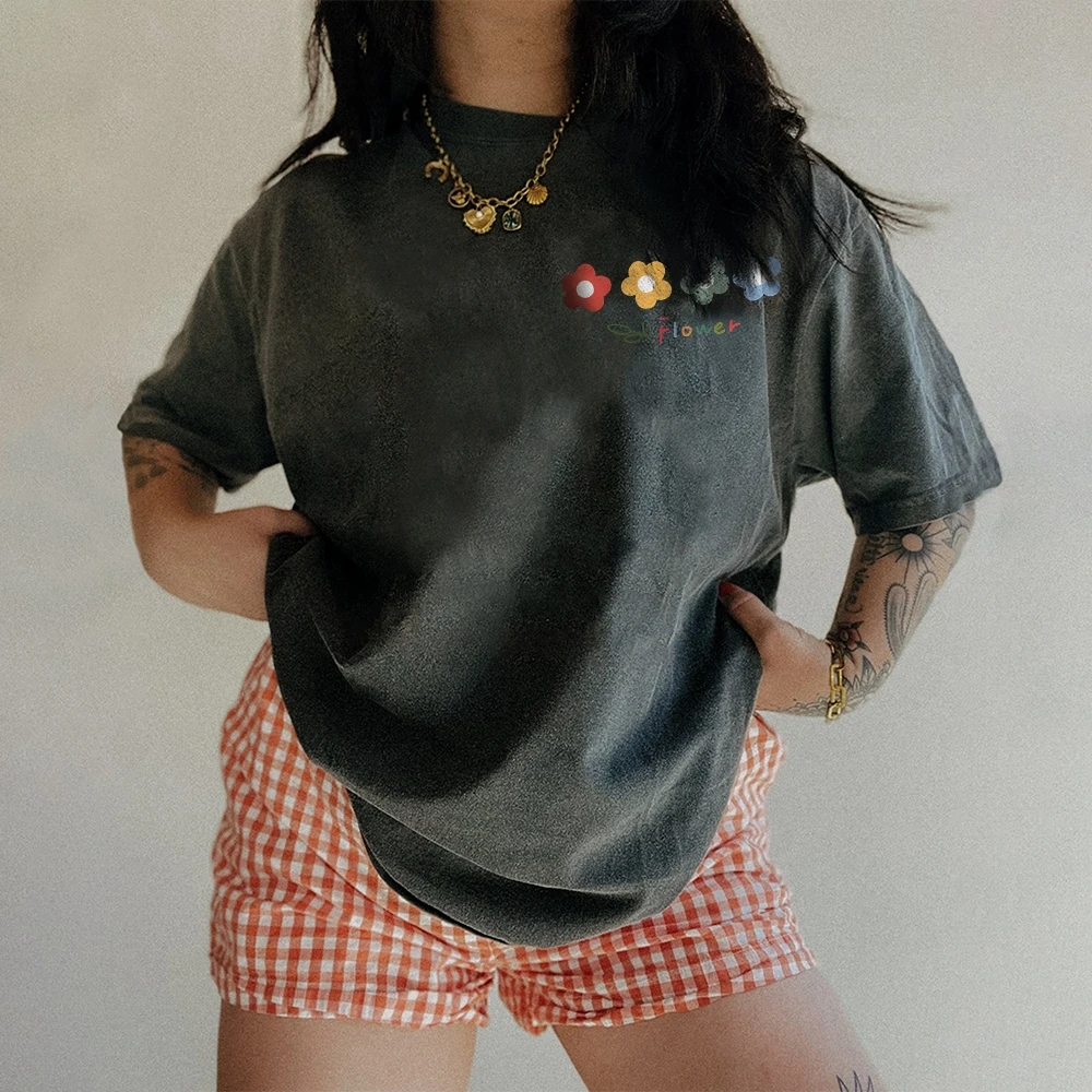 

Flowers Coffee Bowknot Korean Reviews Many Girls Clothes Cute Cartoon Pattern Quality Oversized Acid Washed Y2K Women Men