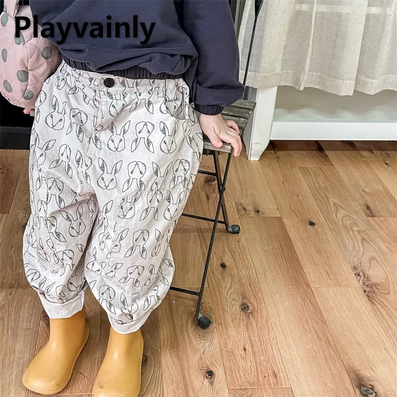 

Детские повседневные брюки с принтом кролика, весенне-осенние прямые шаровары для мальчиков и девочек, детская повседневная универсальная одежда A3093