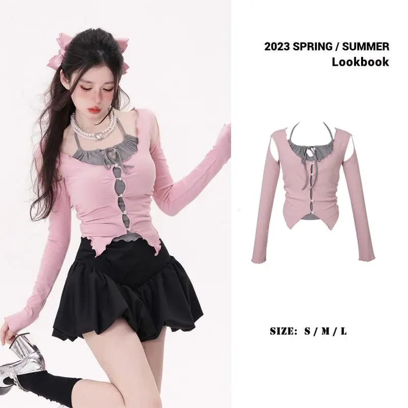 Y2K Pink Fake Two Piece Top Hanging Neck Women Long Sleeved T-shirt Slim Strapless Hotsweet Hottie Korean Fashion Preppy Style