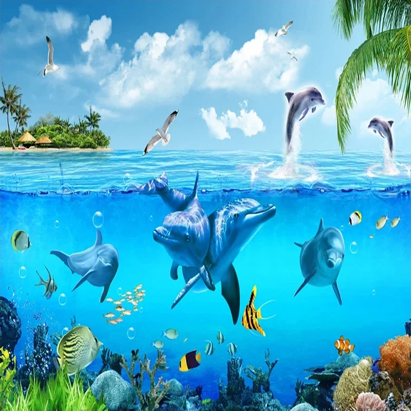 Custom Dolphin Underwater World 3D Wall Wallpaper Painting Children Room Living Room Waterproof Mural Wallpaper Papel De Parede