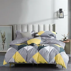 Reversible Geometric Print Queen King Size Duvet Cover Set Yellow Grey Motifs Plaid Bedding Set 3Pcs Soft Microfiber Quilt Cover