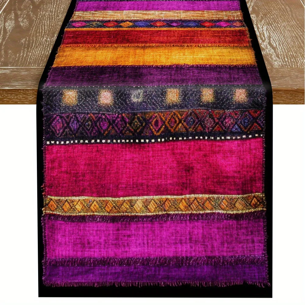 1 Piece of Bohemian Patchwork Theme Table Runner, Colorful Stripes and Ethnic Pattern Splicing Design, Suitable for Bohemian Style B&Bs, Art Studios, Retro Cafes, Ethnic Theme Parties, Handmade Market Stalls, Outdoor Camping Style Picnics, Exotic Restaurants, Designer Salons, Using Patchwork Elements to Cover Diverse Literary and Artistic / Exotic Scenes.