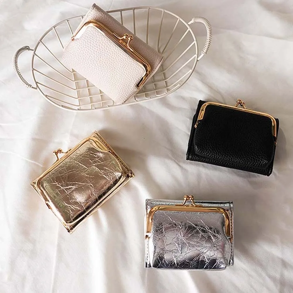 Card Pouch Portable Kiss Lock Wallet Polyester Solid Color 2 in 1 Card Bag Short Fashion Leather Coin Purse Girls
