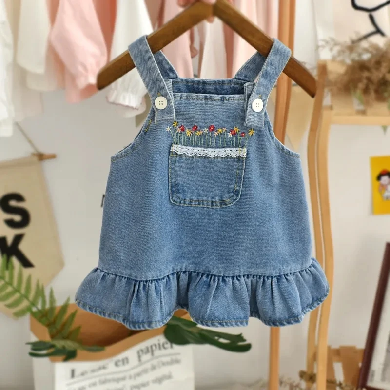 1 Pc Girls Blue Embroidered Denim Skirt Summer Children's Dress Children's Clothing Casual Style Dress Denim Suspender Skirt