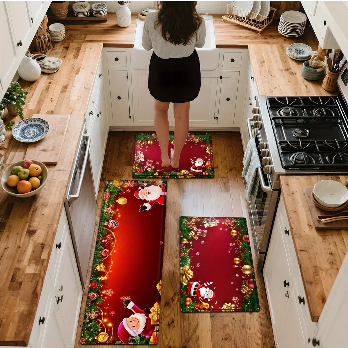 Christmas Santa Golden Red Ball Gift Box Pine Mat, Red Background Flannel Non-Slip Washable Rug for Multi-Room Holiday Decor