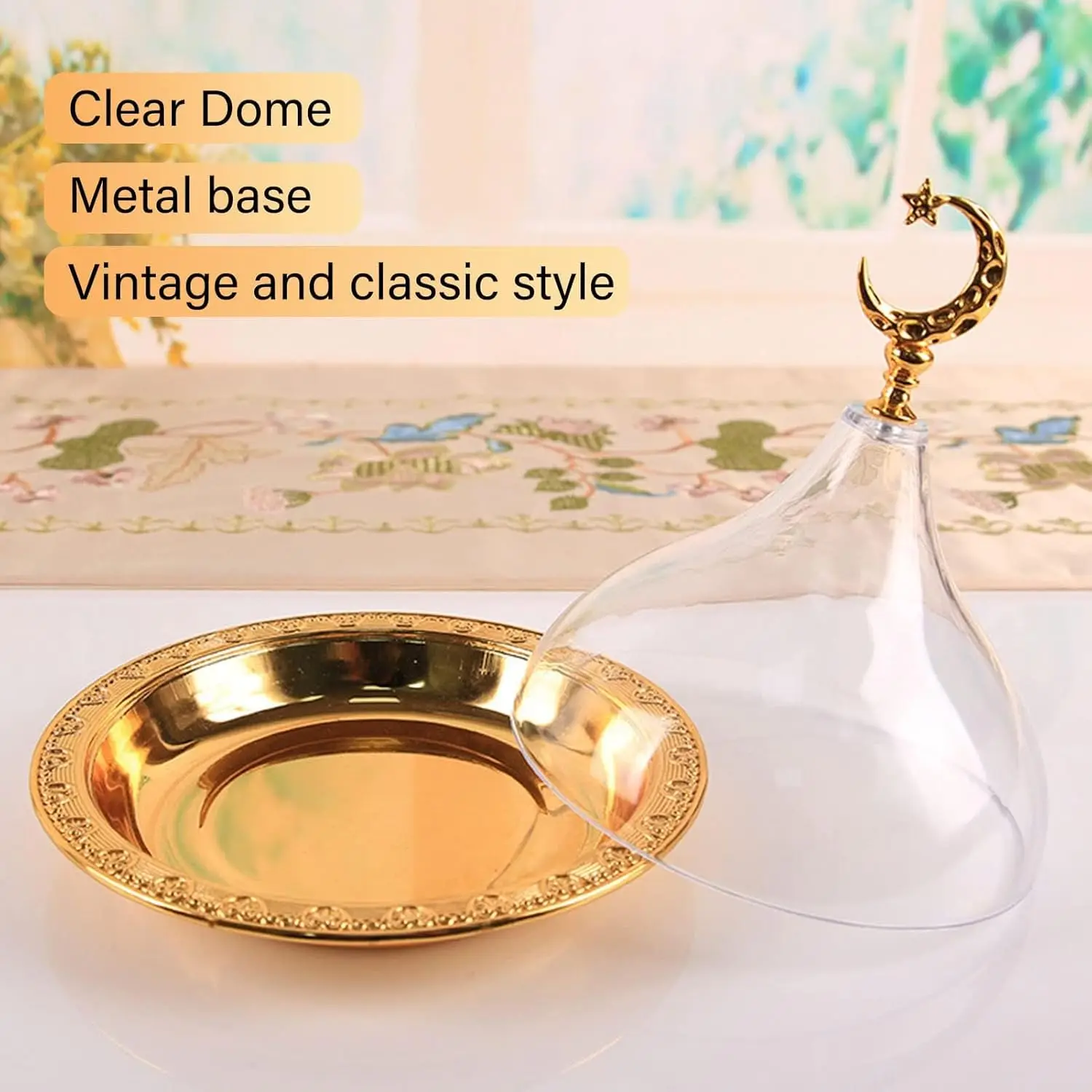 Metal Ramadan Tray with Clear Dome Lid Mini Cake Candy Tray Reusable Dessert Tray Round Food Storage Organizer for Nuts, Candies