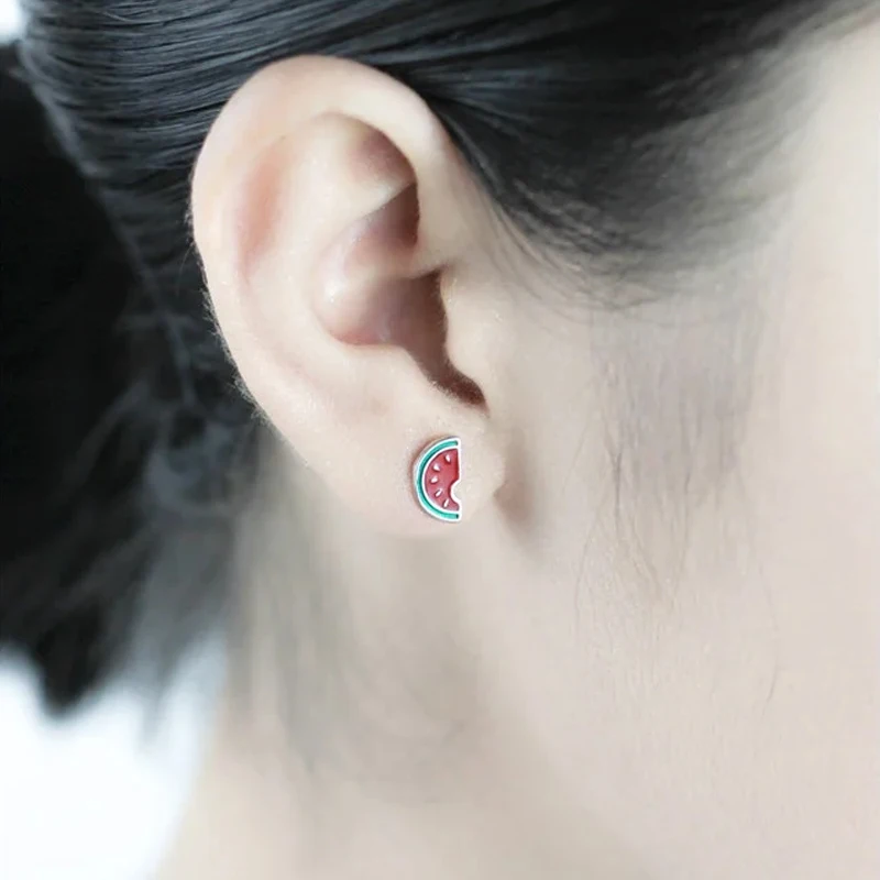 Trustdavis Real 925 Silver Fashion Asymmetric Summer Watermelon Stud Earrings for Women Daily Wear Jewelry Gift DS572