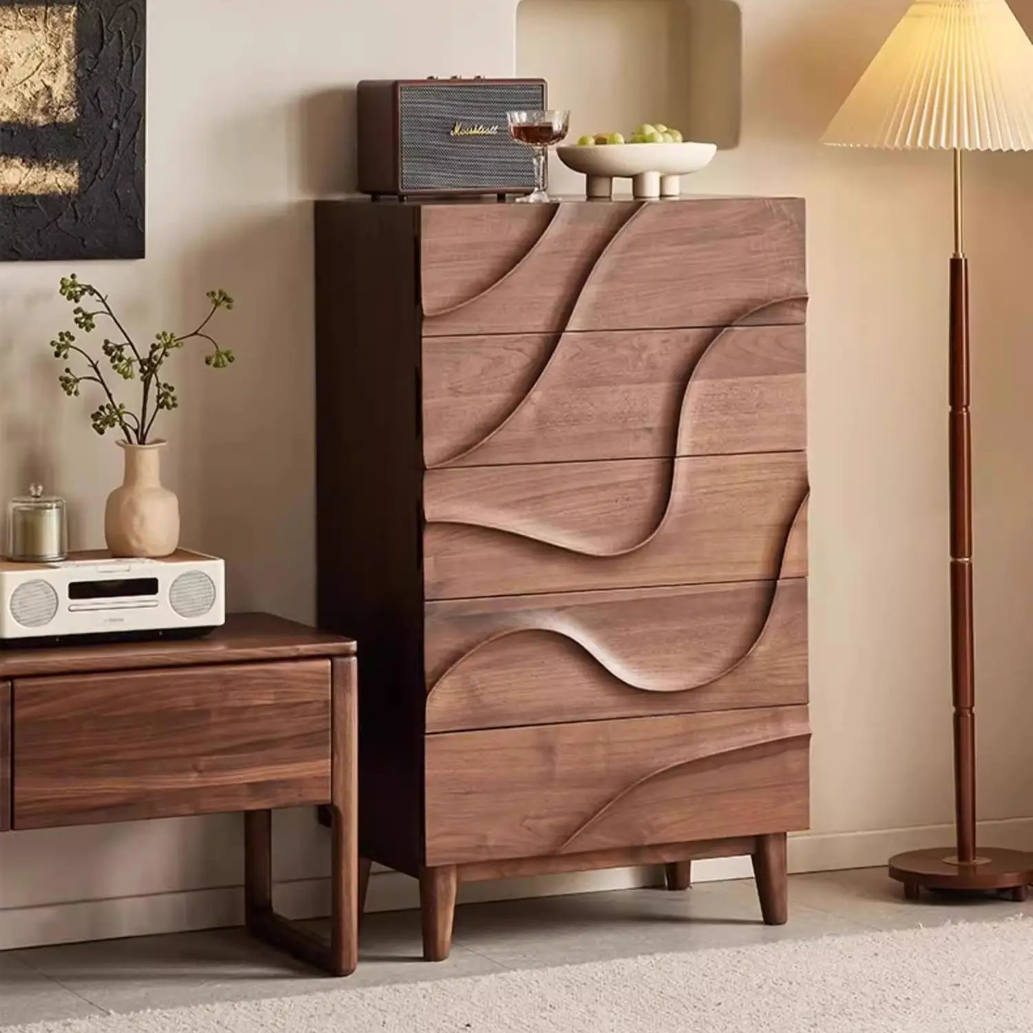

North American black walnut chest of drawers Nordic simple solid wood locker Home bedroom Wave chest of drawers