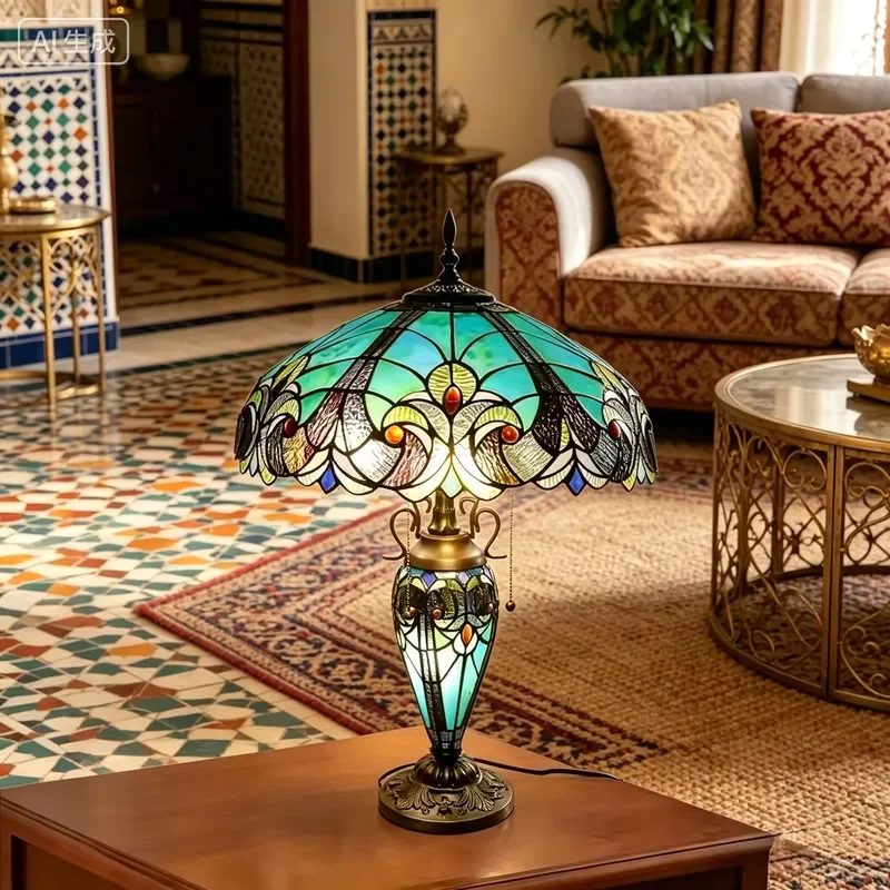 Modern Vintage Stained Glass Table Lamp Luxury Jade Mosaic Flower Design Antique Glass Base for Bedroom Bedside Hotel Decor